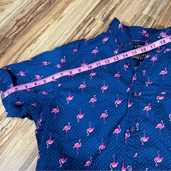 Flamingo All over Print Button Down Short Sleeve Stretch Raw Yarn Flaw Men/jr. L - Picture 3 of 6